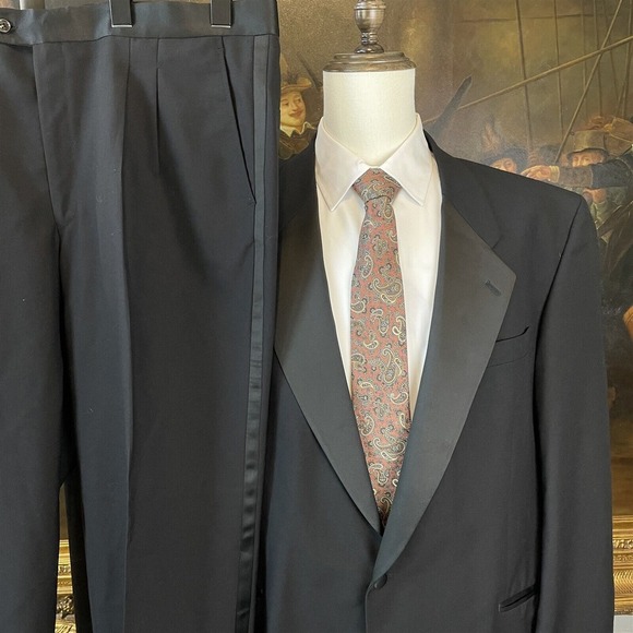 Doni Barassi 48L 38 x 30 2 Piece Black Hopsack‎ 1 Button Tuxedo Pleated Pants